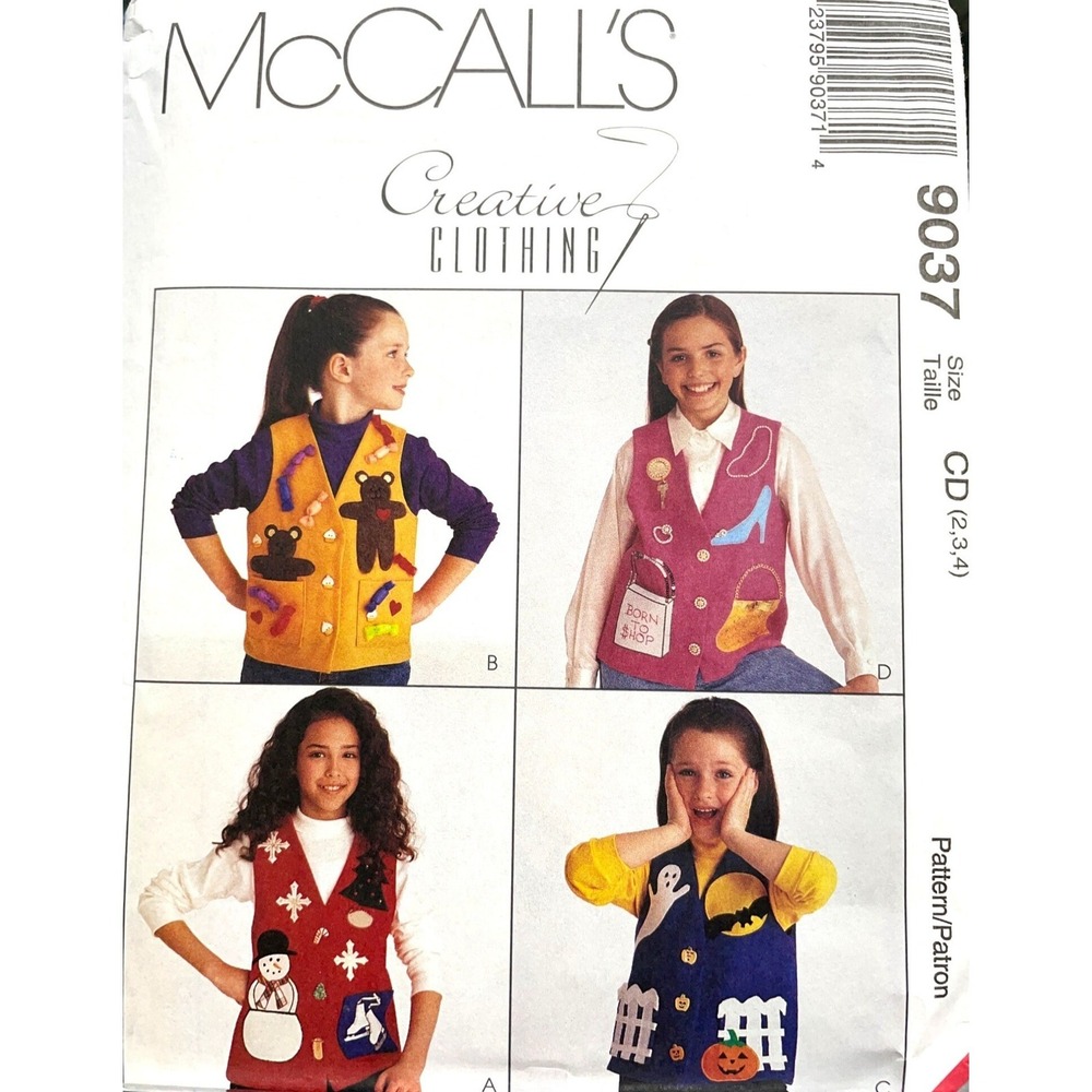 McCalls‎ Sewing Pattern 9037 Vests Child Appliques Size 2-4